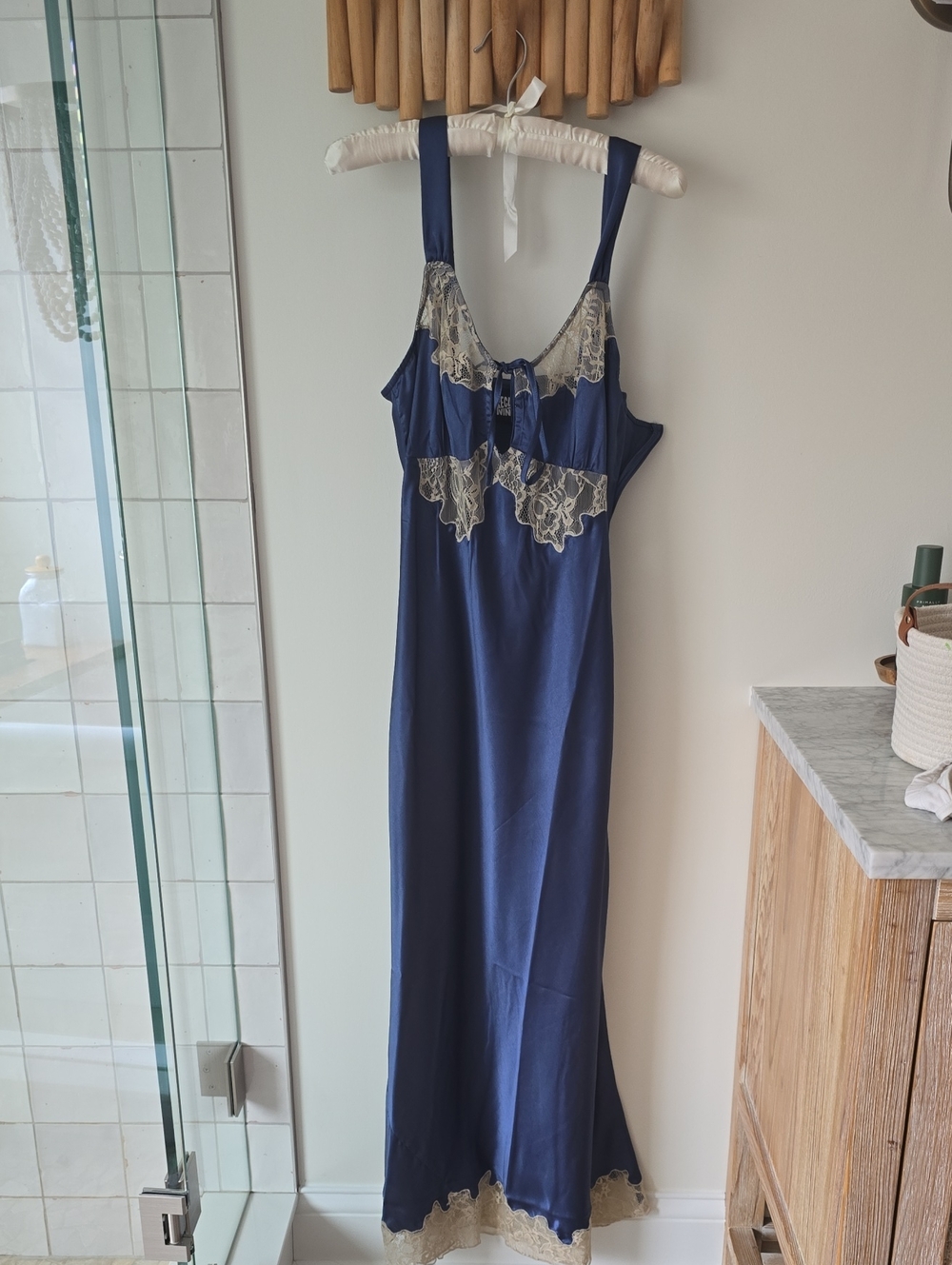 Reclaimed Vintage Navy Maxi Slip Dress with Cream Lace